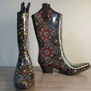 Corky's Boots Women sz7 Nomad Yippy Cowboy Rubber Rain Boots Paisley